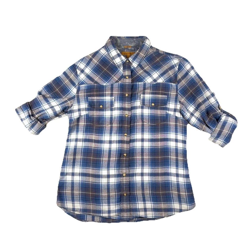 Jachs Girlfriend Plaid Flannel Pearl Snap Western Shirt Blue White Mens L